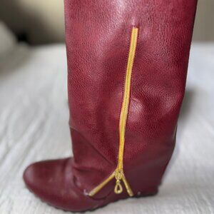 Red Wedge 3/4 Calf Boots Gold Zipper Detail | Size 6